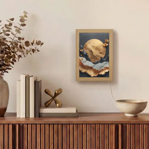 Kunst - Goud - Modern - Abstract Light Box met kabel (Tafellamp) klein -sfeer2