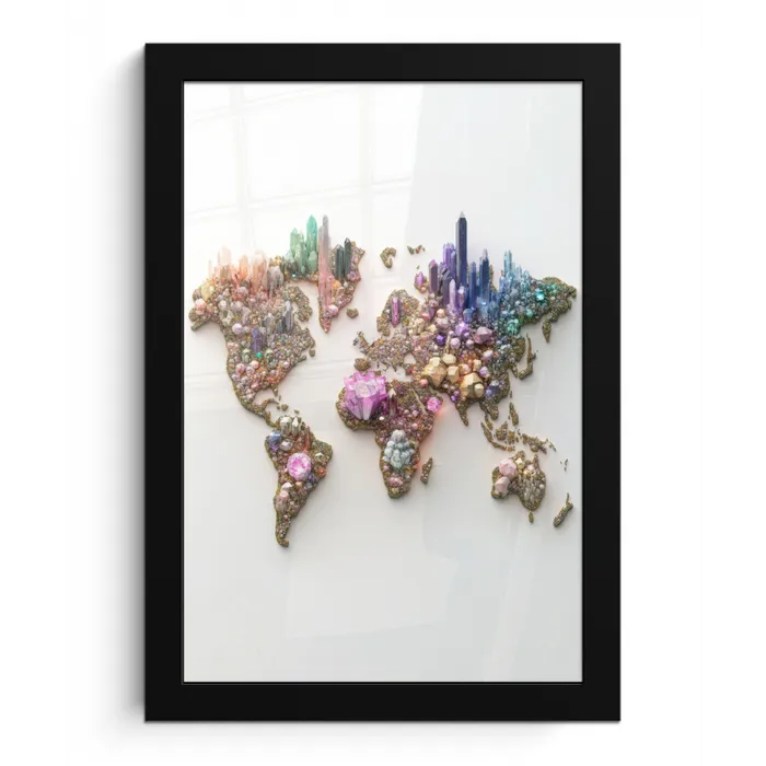 Wereldkaart - Kristallen - Unieke tinten fotolijst zwart zonder passe partout klein -3d