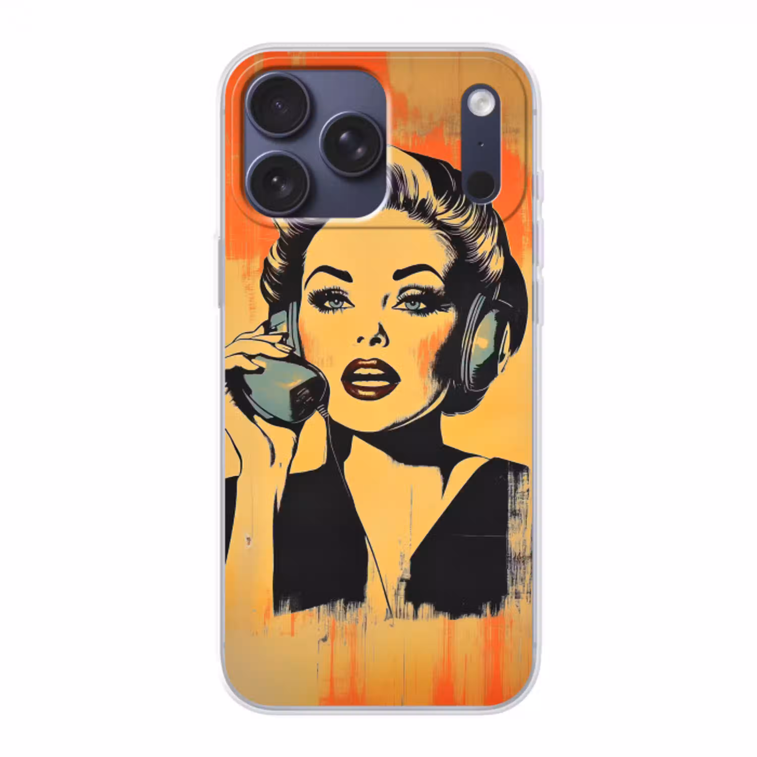 Retro - Vrouw - Koptelefoon - Oranje Telefoonhoesje iPhone 17 Pro Max klein -3d