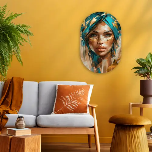 Vrouw - Portret - Goud - Luxe - Blauw Wandcirkel Ovaal Forex klein -sfeer4