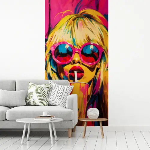 Zonnebril - Roze - Vrouw - Rietje fotobehang vinyl groot -woonkamer