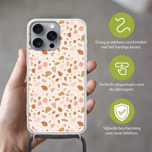 Terrazzo -  Patroon - Kleurrijk - Zalm Hoesje iPhone 16 Pro Max met koord klein 804 -sfeer2_NL