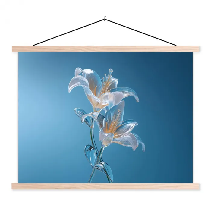 Lelies - Blauw - Glazen textielposter latten blank klein -3d