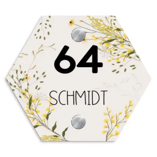 Gele bloemen - Modern Naambord Hexagon klein -3d