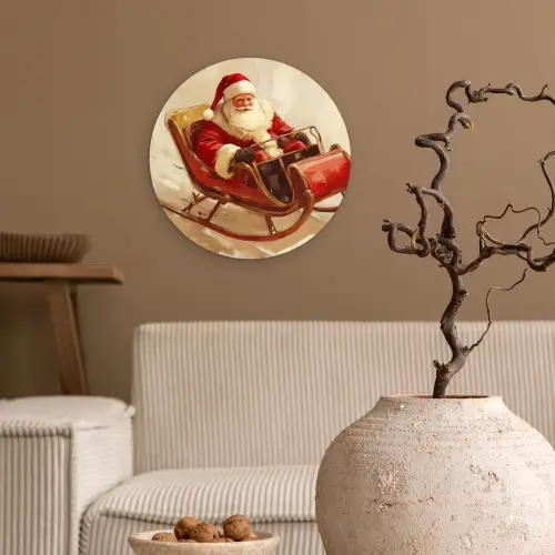 Kerst - Slee - Kerstman Wandcirkel kunststof plaat 5mm dik klein -sfeer1