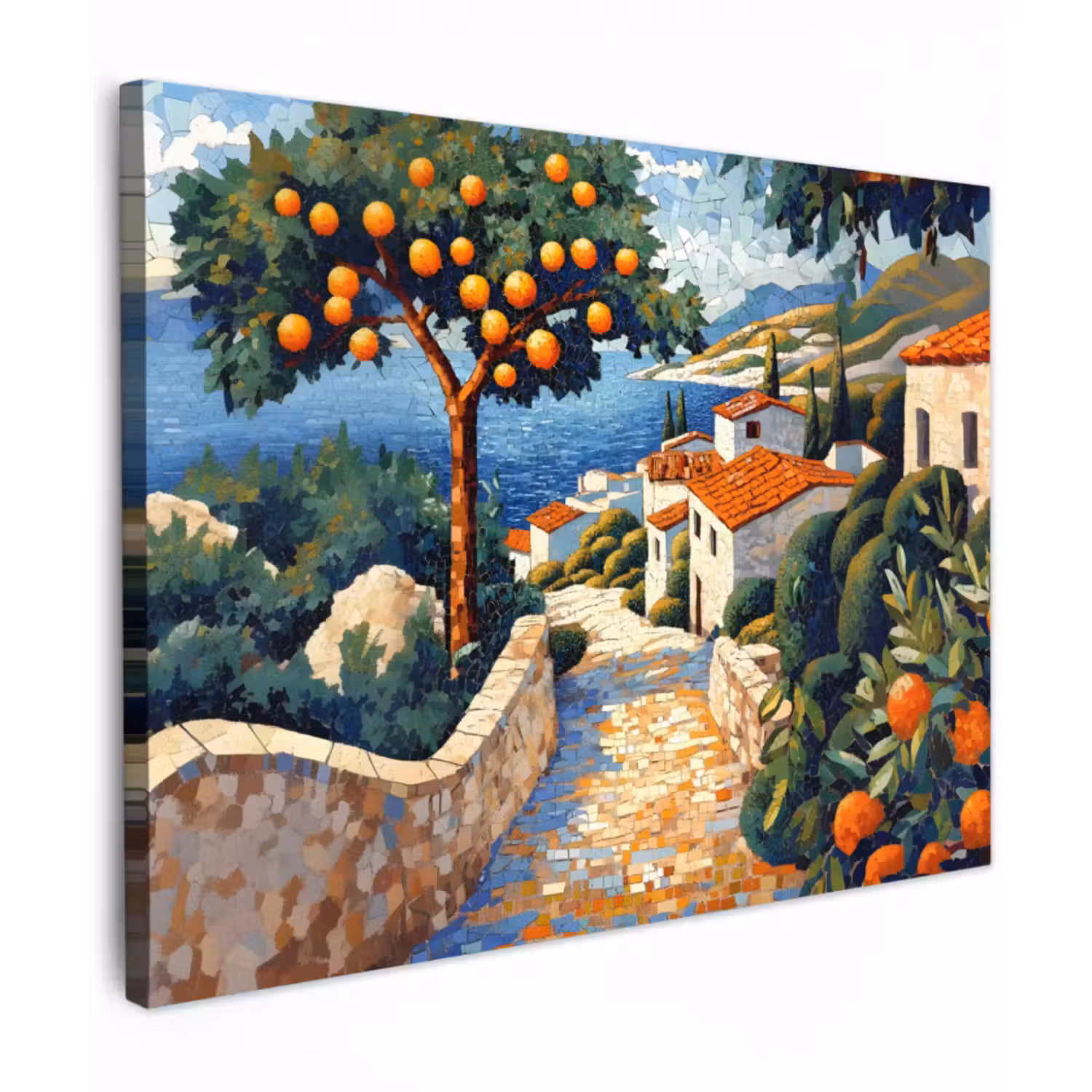 Leinwandbild - Häuser - Mosaik - Orangenbäume - Meer