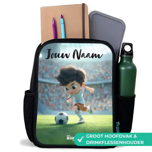 Jongen - Stadion - Voetbal - Zonlicht Rugzak - Zwart middel -inhoud_NL