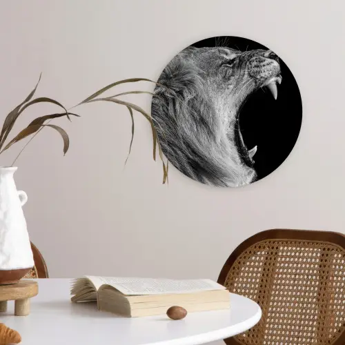 Dieren - Leeuw - Zwart - Wit - Portret Wandcirkel kunststof plaat 5mm dik klein -sfeer4