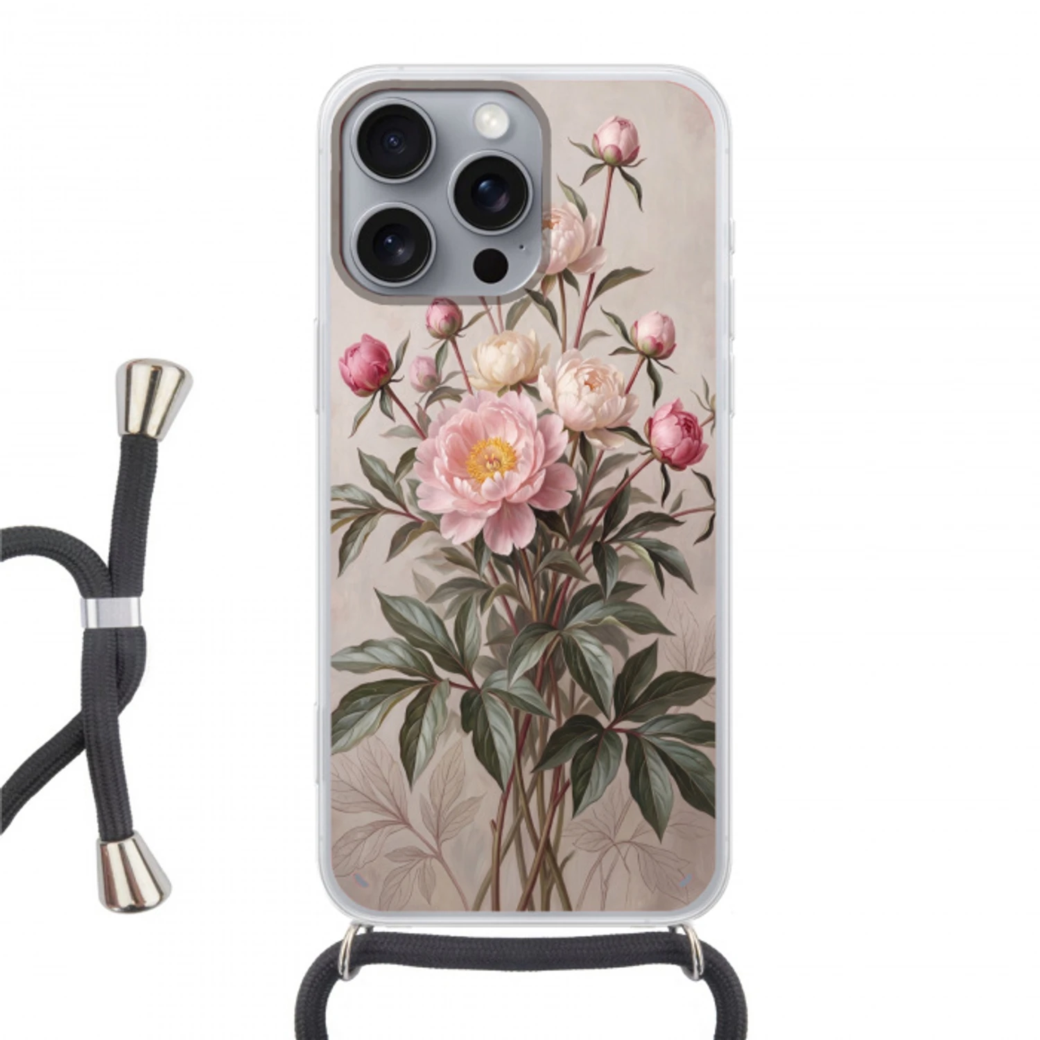 Pioenrozen - Boeket - Roze Hoesje iPhone 16 Pro Max met koord klein -3d
