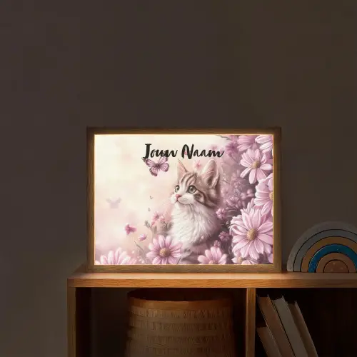 Kitten - Bloemen - Vlinders - Paars Light Box met batterij (Wandlamp kind) middel -sfeer1_kind
