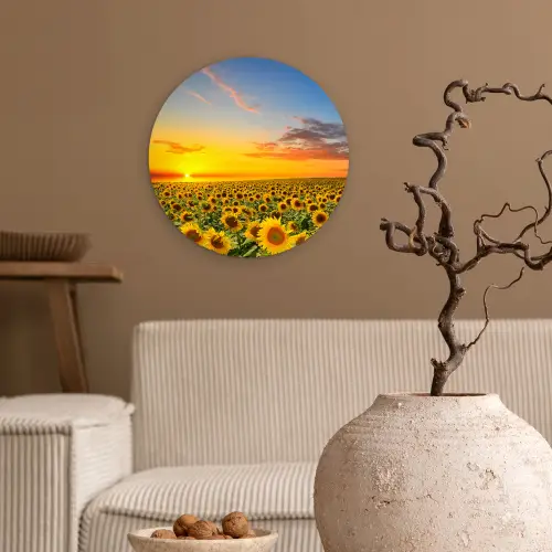 Bloemen - Zonnebloem - Zonsondergang - Nacht - Oranje Wandcirkel kunststof plaat 5mm dik klein -sfeer1