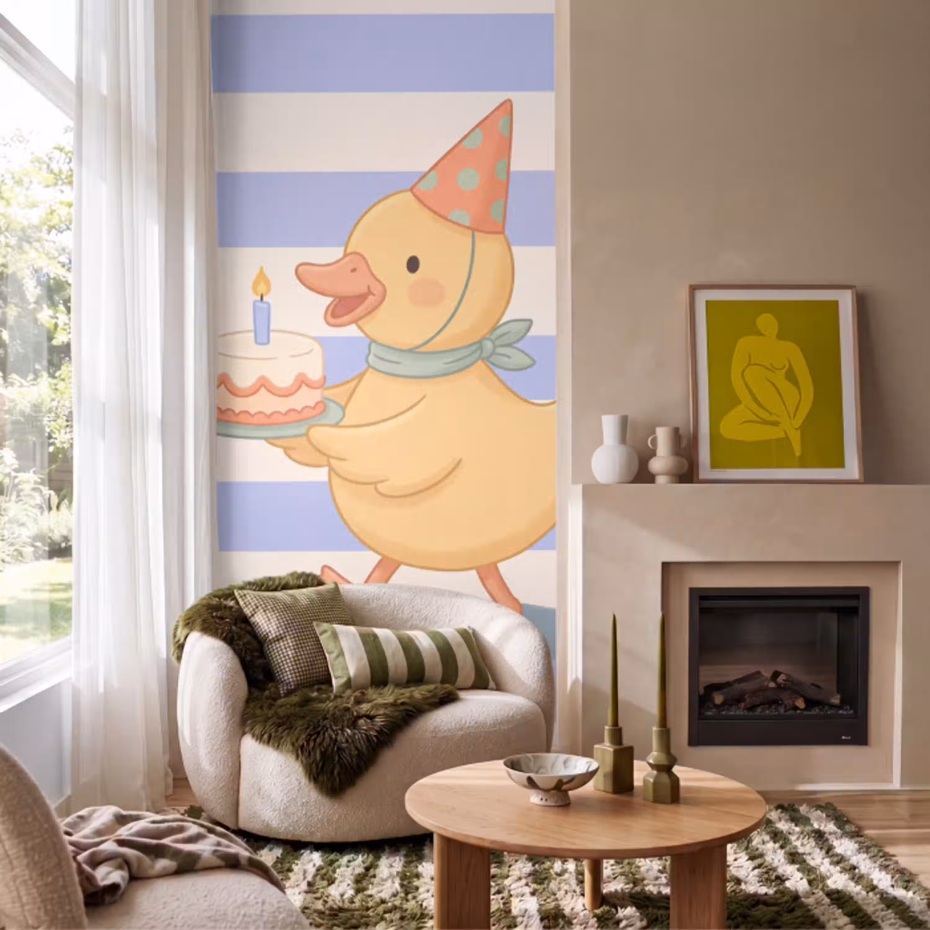 Vogel - Feest - Taart - Kinder - Illustratie Behang Vlies klein -sfeer2