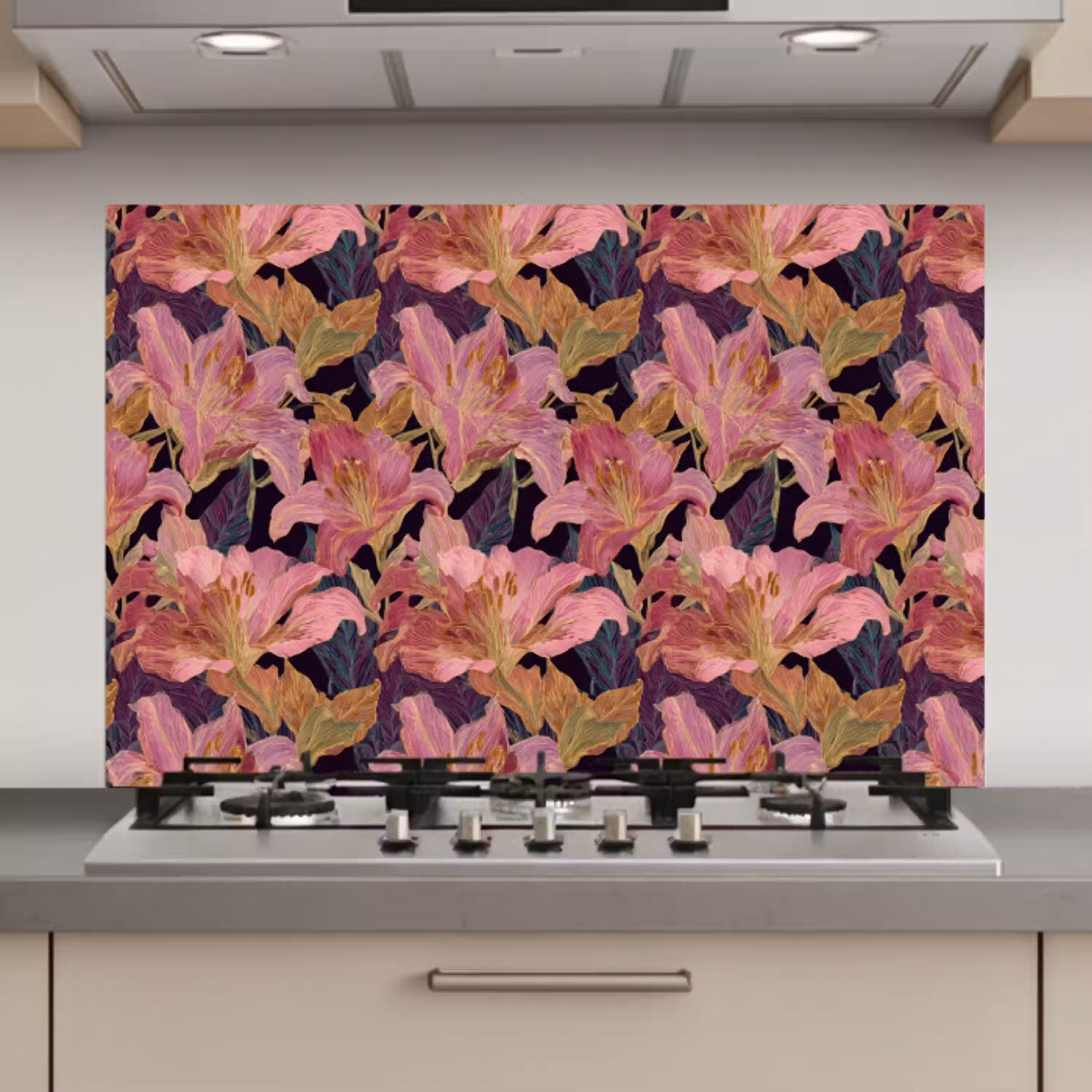 Lelies - Patroon - Roze - Goud keuken achterwand spatscherm klein 900 -3d_website