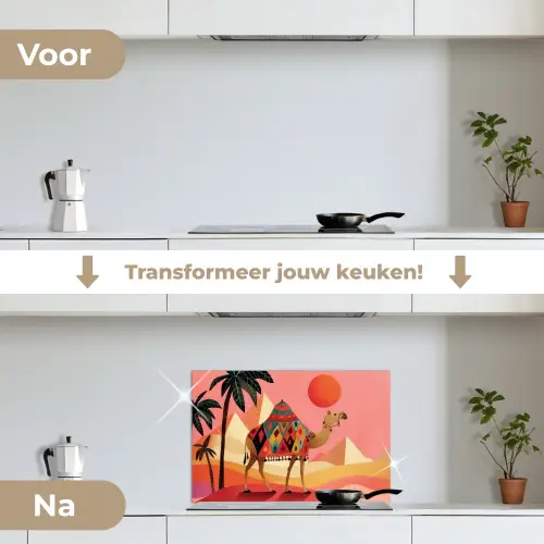 Kameel - Pyramides - Rode zon keuken achterwand spatscherm klein -voor_na_NL