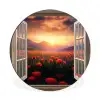 Doorkijk - Klaprozen - Bloemen - Rood - Open raam Wandcirkel aluminium klein -3d