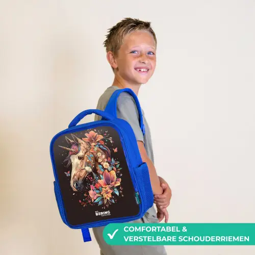 Eenhoorn en Bloemen op Zwarte Achtergrond Kinderrugzak - Blauw middel -sfeer3_NL