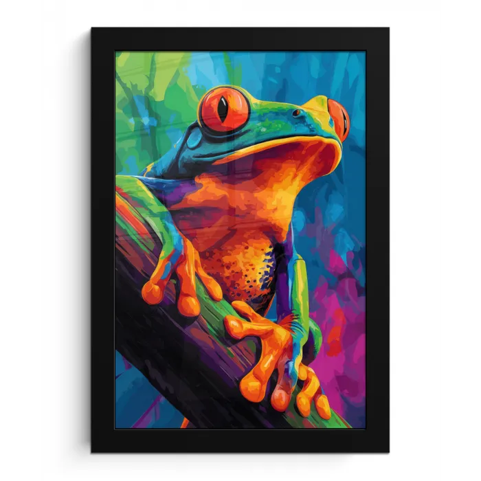 Kikker - Felgekleurd - Tak - Regenboog fotolijst zwart zonder passe partout klein -3d