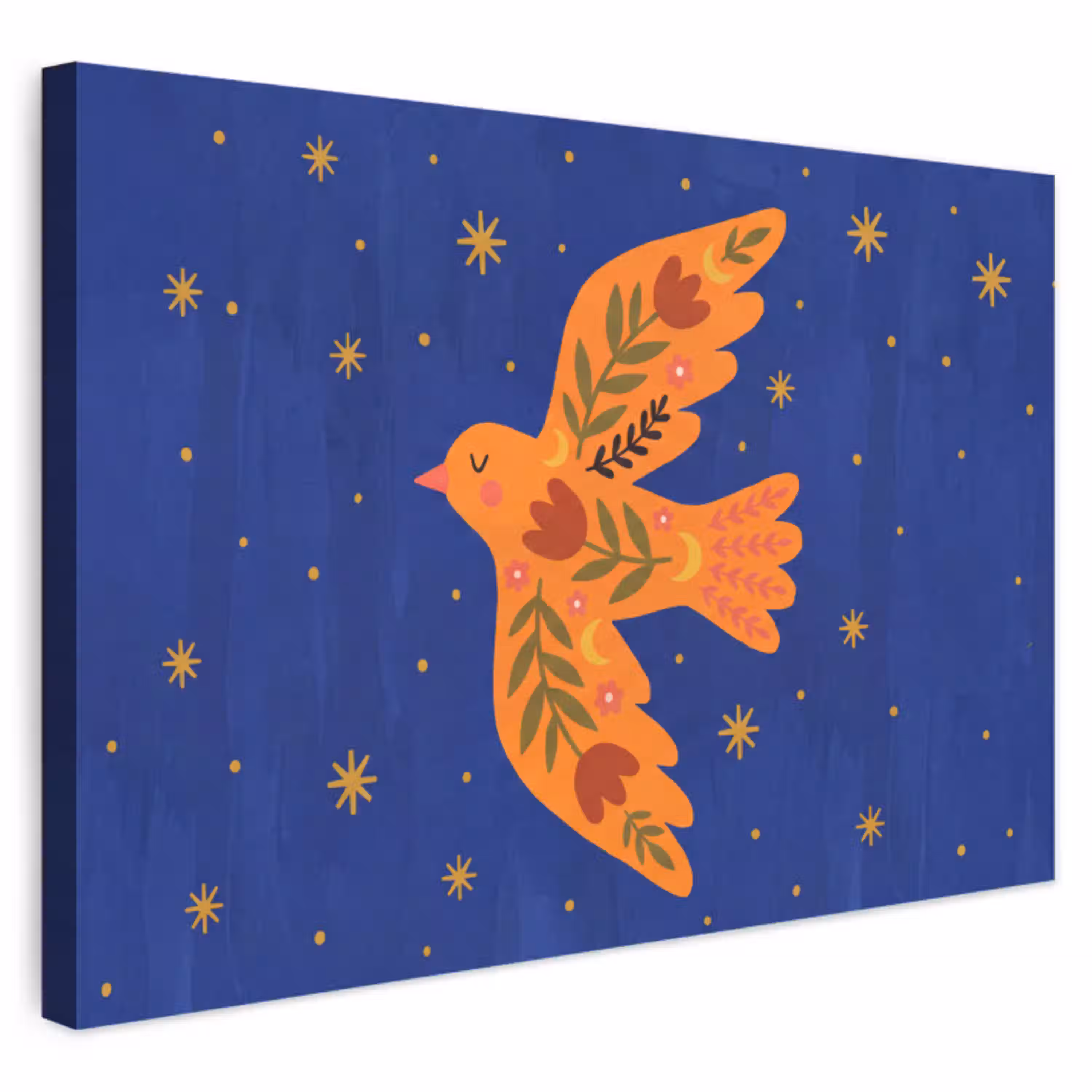 Vogel - Bloemen - Decoratief - Oranje - Blauw Tuinposter op houten frame 2 cm dik klein -3d