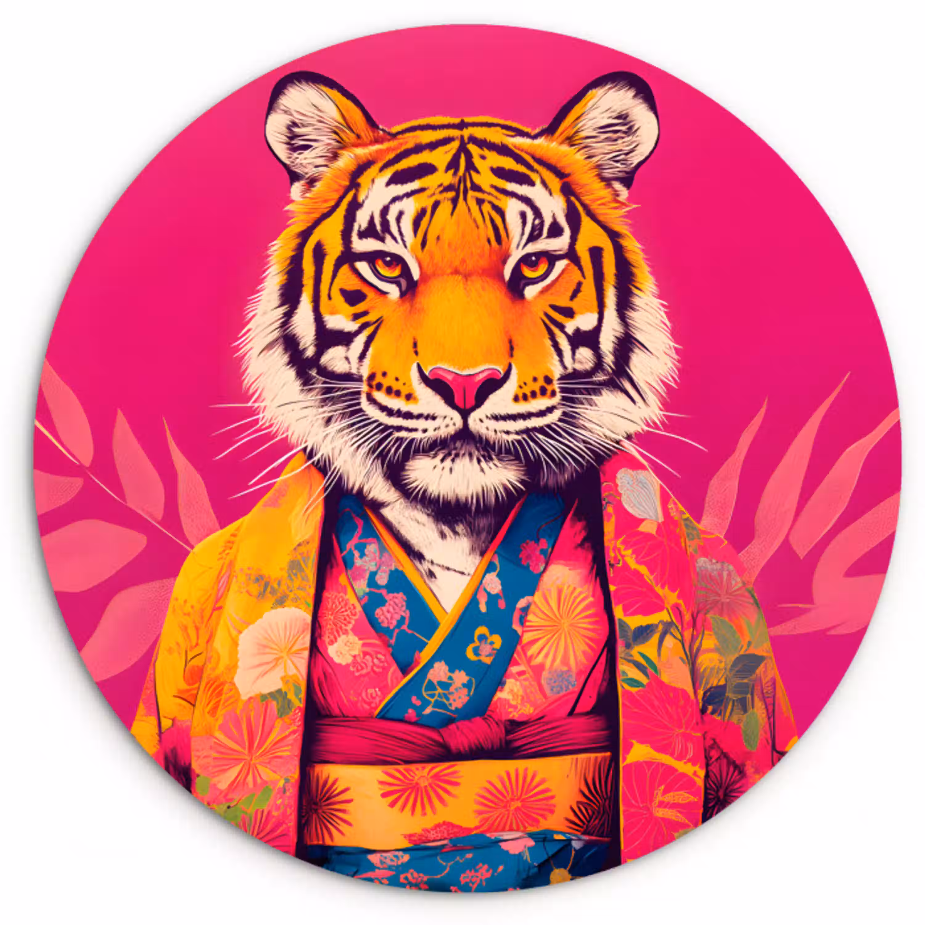 Tijger - Kimono - Planten - Roze Wandcirkel plexiglas klein -3d