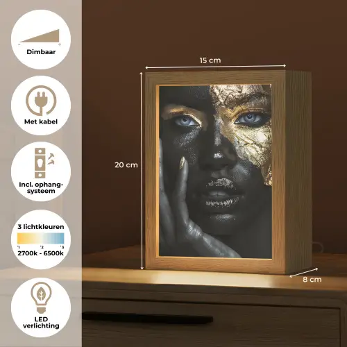Vrouw - Goud - Portret - Modern - Zwart - Abstract Light Box met kabel (Tafellamp) klein -USP_NL
