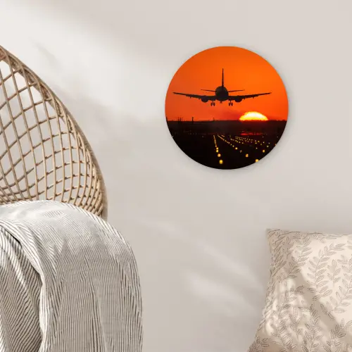 Zonsondergang - Vliegtuig - Oranje - Zon Wandcirkel kunststof plaat 5mm dik klein -sfeer5