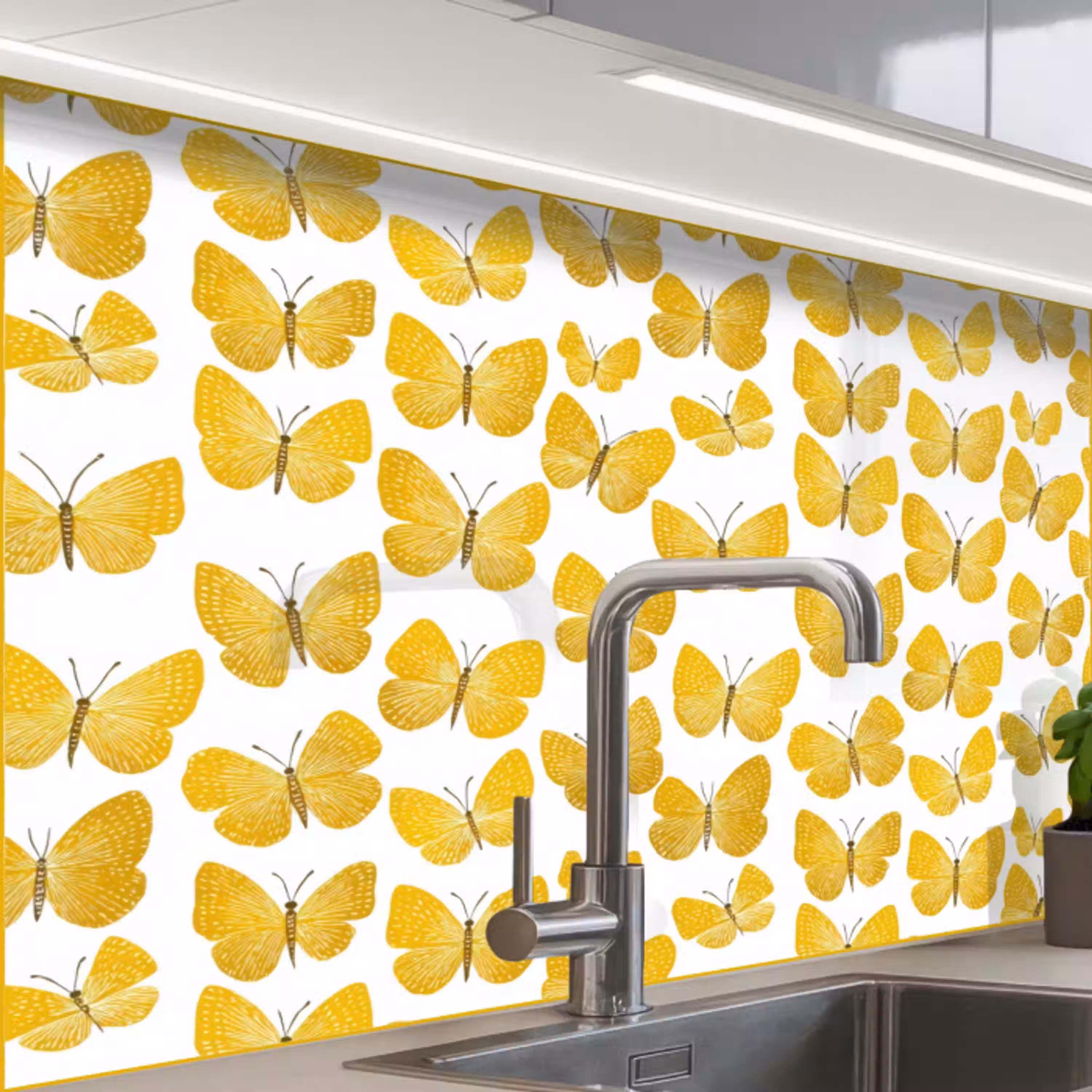 Vlinders - Botanisch - Illustratie - Geel - Wit keuken achterwand 2 middel 865 -zzzz3d_schuin