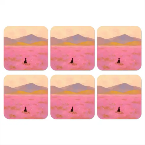 Bloemenweide - Heuvels - Silhouet - Roze onderzetter kurk middel -3d