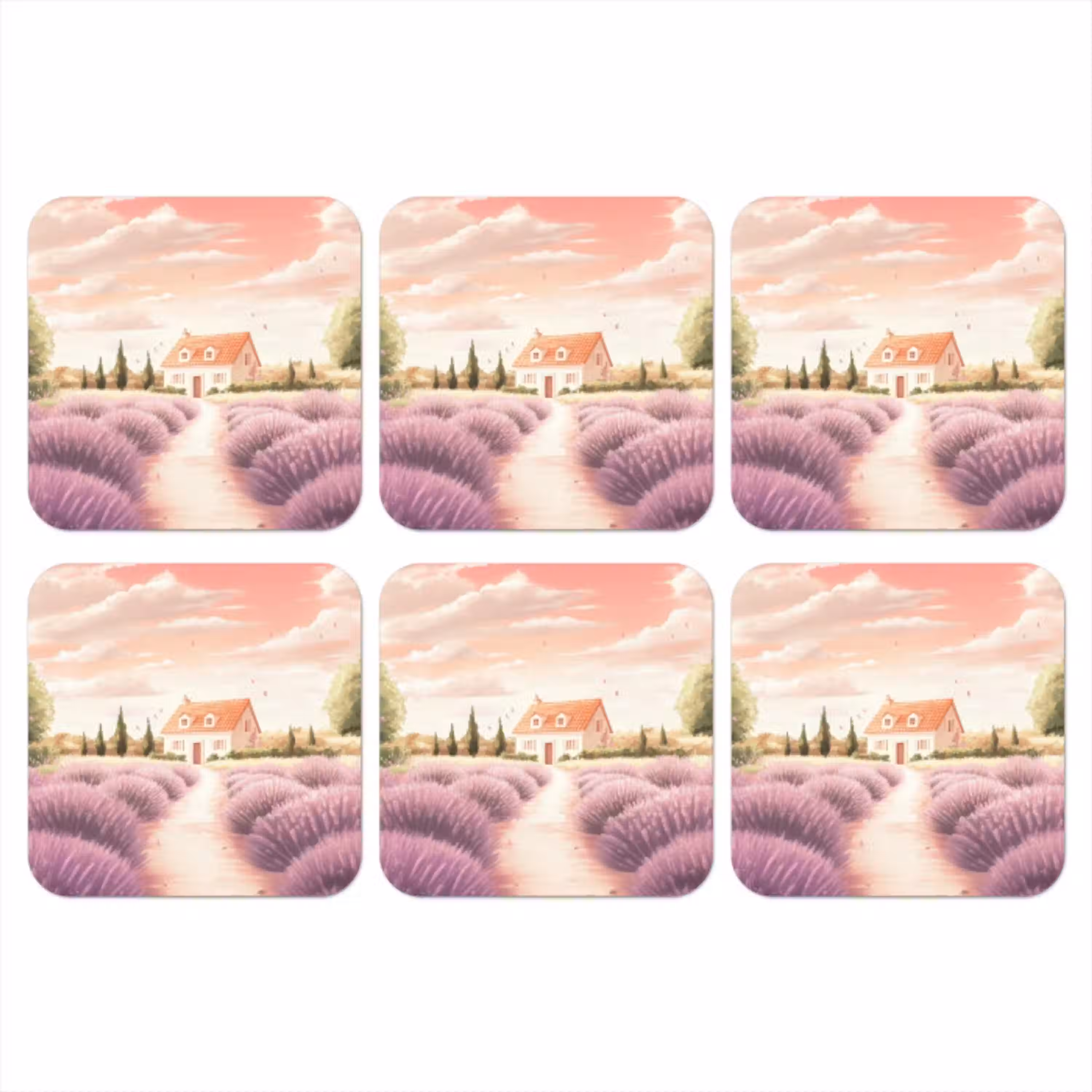 Lavendelveld - Huis - Paars onderzetter kurk middel -3d