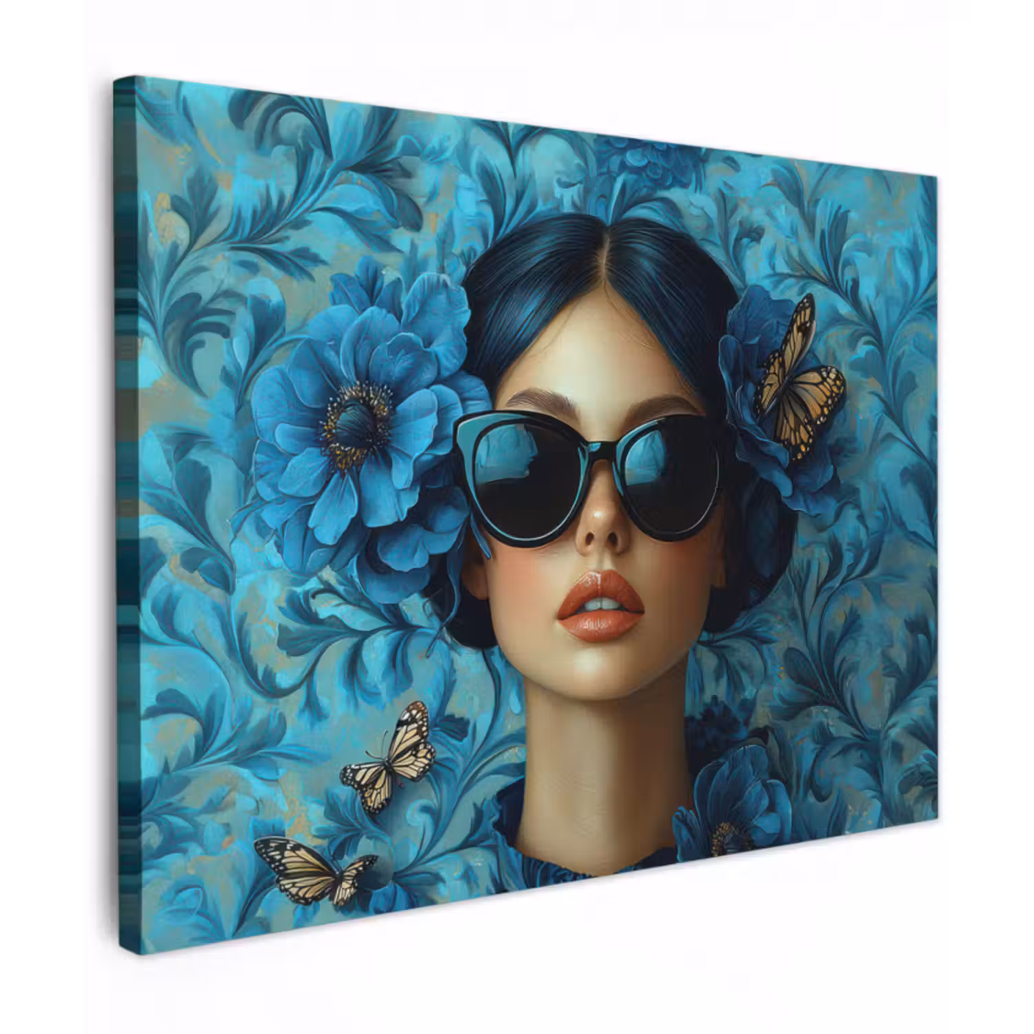 Leinwandbild - Frau - Blumen - Schmetterlinge - Blau - Abstrakt