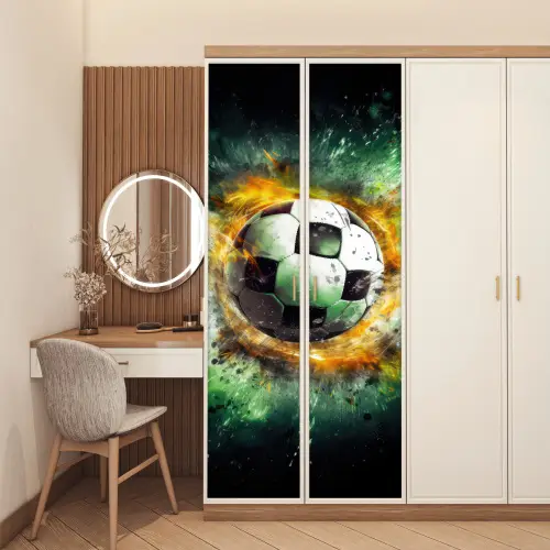 Bal - Voetbal - Groen - Oranje - Rook deurposter klein -sfeer3