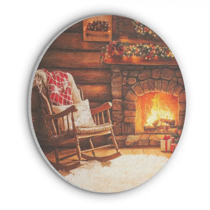 Winter - Kerst - Huis - Openhaard Akoestische PET Vilt - Rond klein -3d