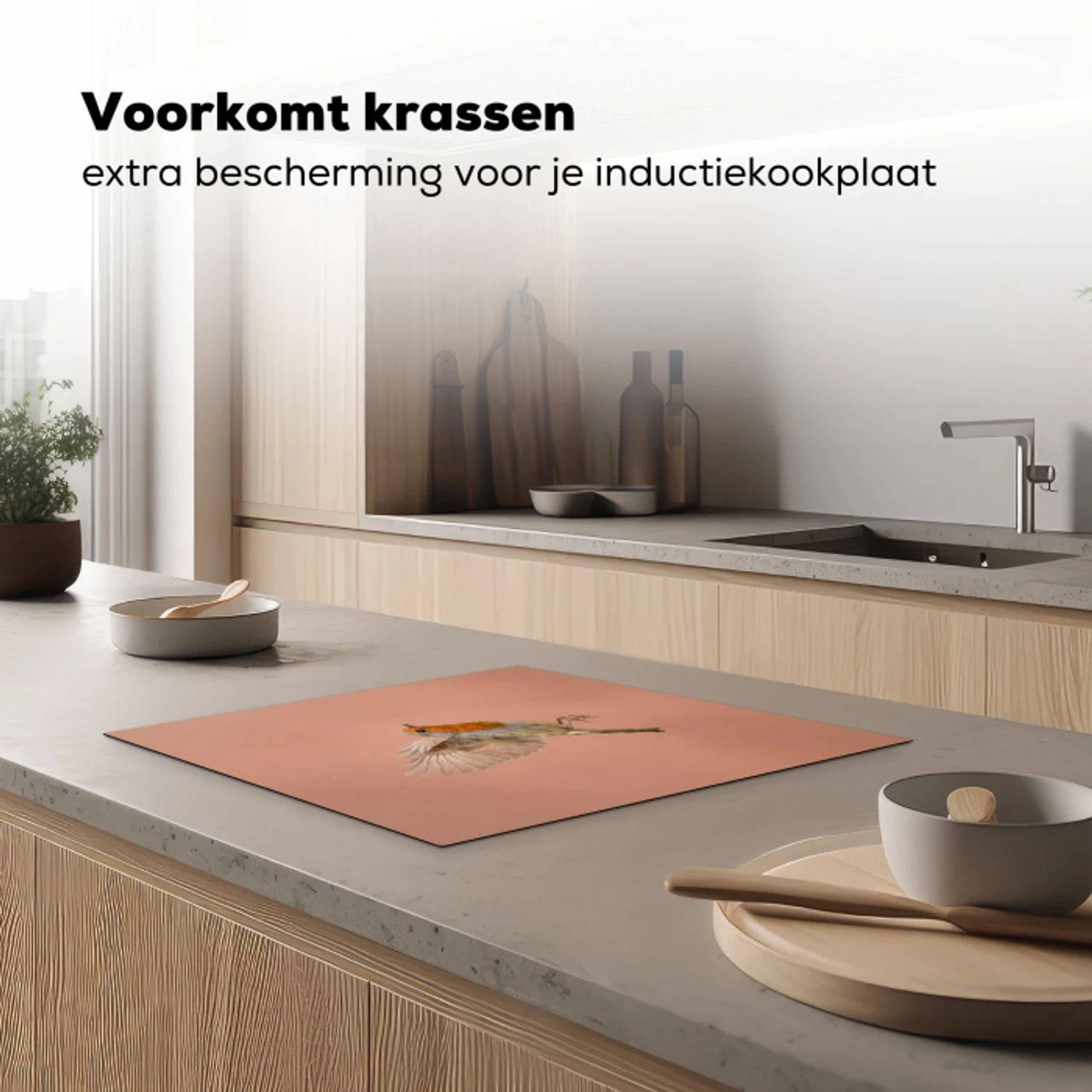 Roodborst - Natuur - Roze Inductie beschermer vinyl 3mm middel -sfeer1
