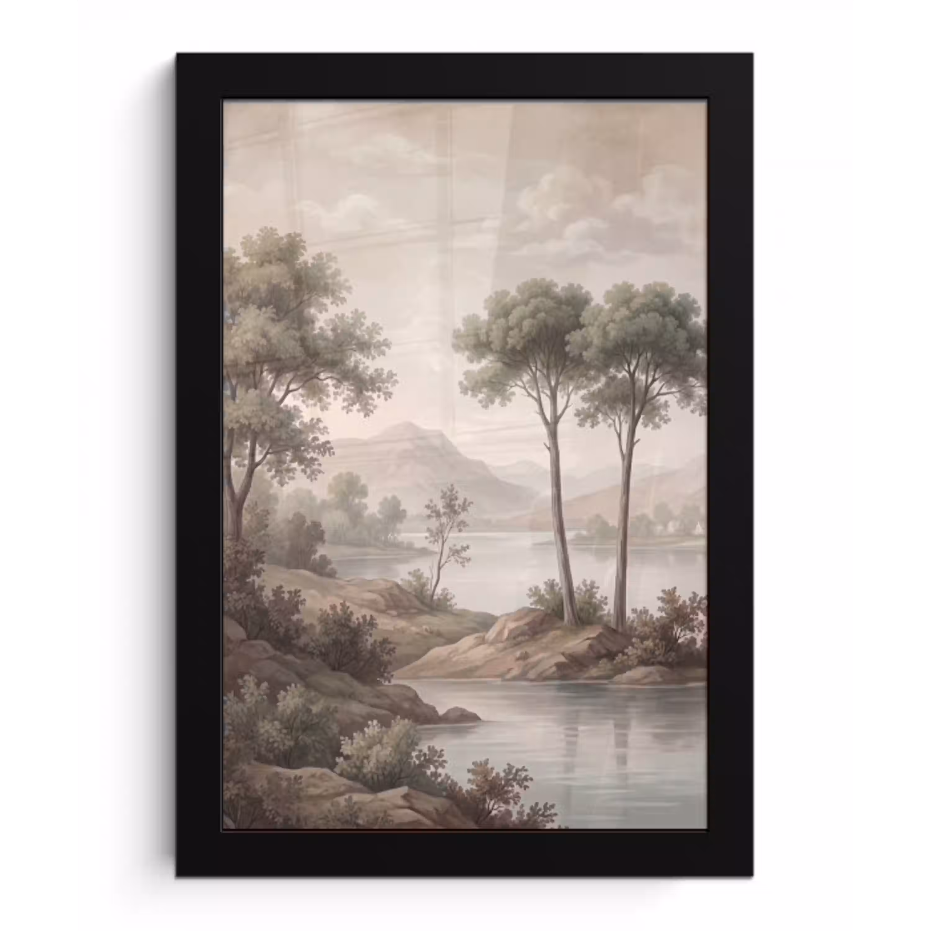 Bomen - Meer - Bergen - Illustratie fotolijst zwart zonder passe partout klein -3d