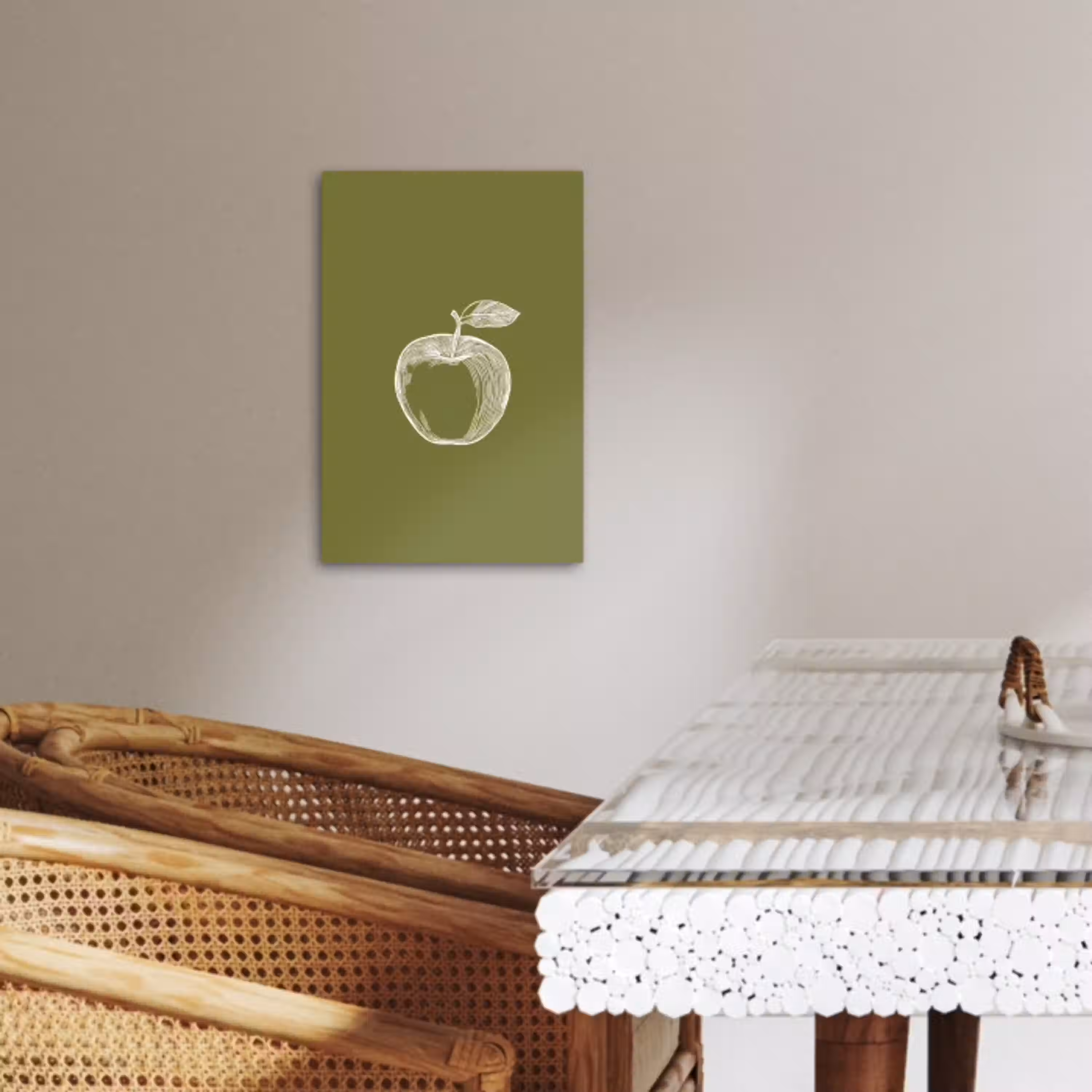 Lijntekening - Appel - Olijfgroen - Blaadje KitchenYeah - Keuken - Canvas klein -sfeer3