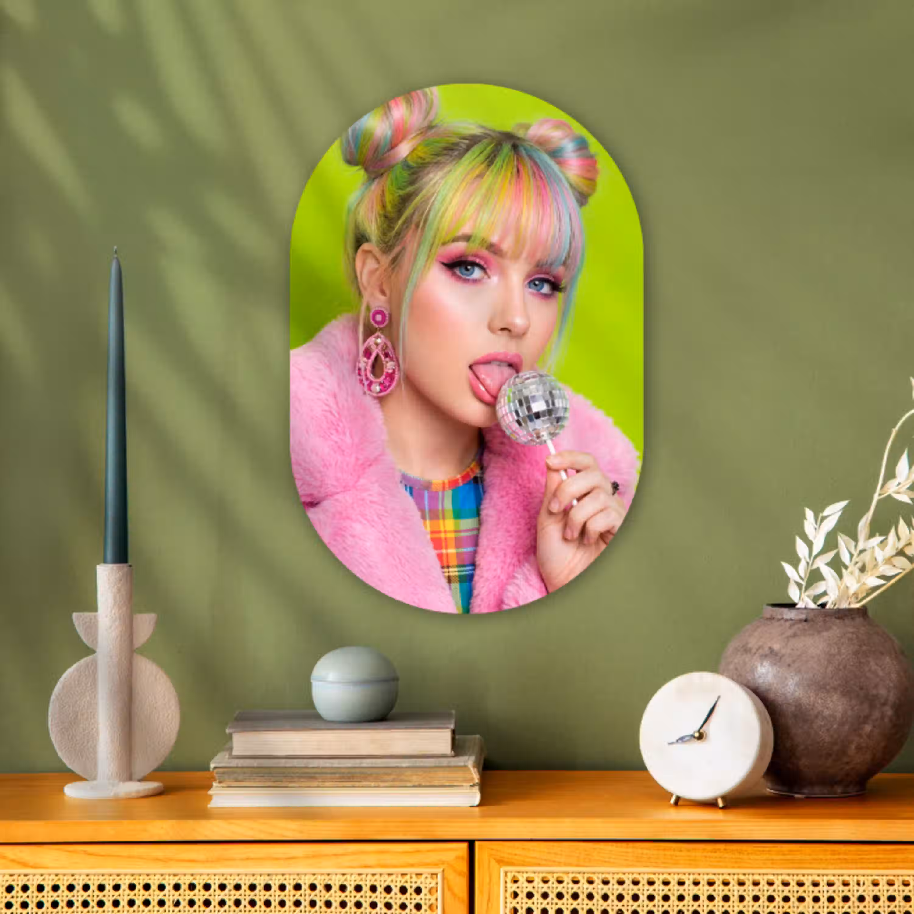 Vrouw - Kleurrijk haar - Pop art - Modern - Levendig Wandcirkel Ovaal Forex klein -sfeer2
