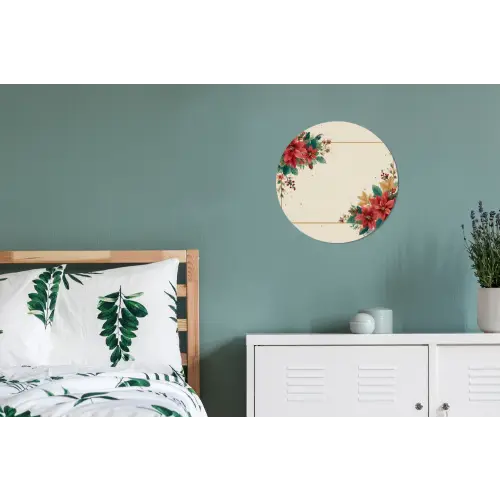 Kerst - Poinsettia - Omlijsting - Kleurrijk Wandcirkel aluminium klein -slaapkamer