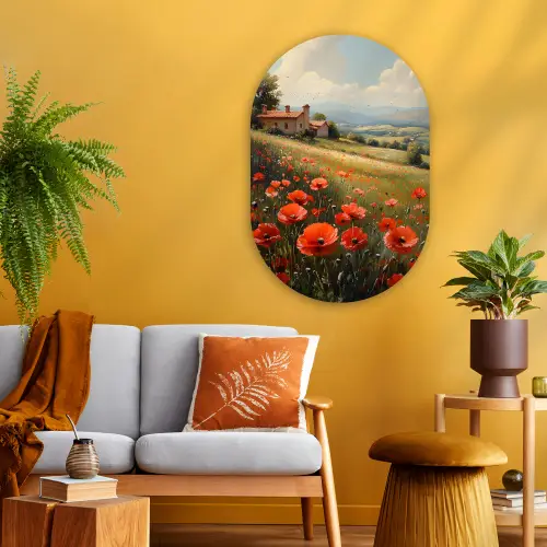 Klaprozen - Rood - Heuvels - Landschap Wandcirkel Ovaal Glas middel -sfeer4