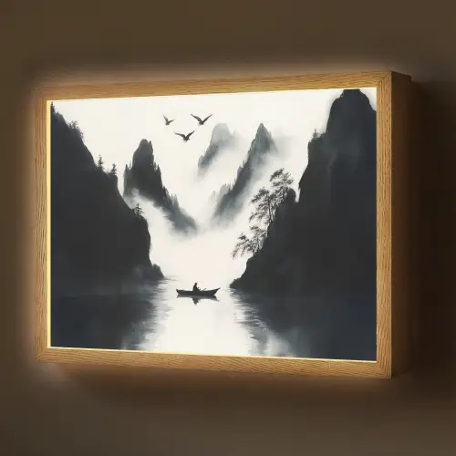 Roeiboot - Mistig - Bergen - Vogels Light Box met batterij (Wandlamp) middel -z3d_website