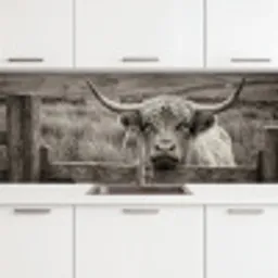 Schotse hooglander - Zwart - Wit - Hout keuken achterwand 2 middel -3d