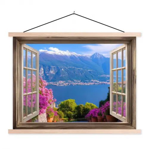 Doorkijk - Berg - Landschap - Uitzicht - Meer textielposter latten blank klein -3d