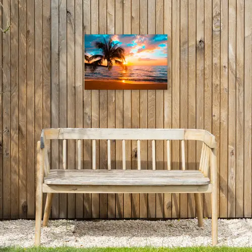 Palm - Zonsondergang - Horizon - Strand - Zee - Tropisch Tuinposter op houten frame 2 cm dik klein -sfeer4