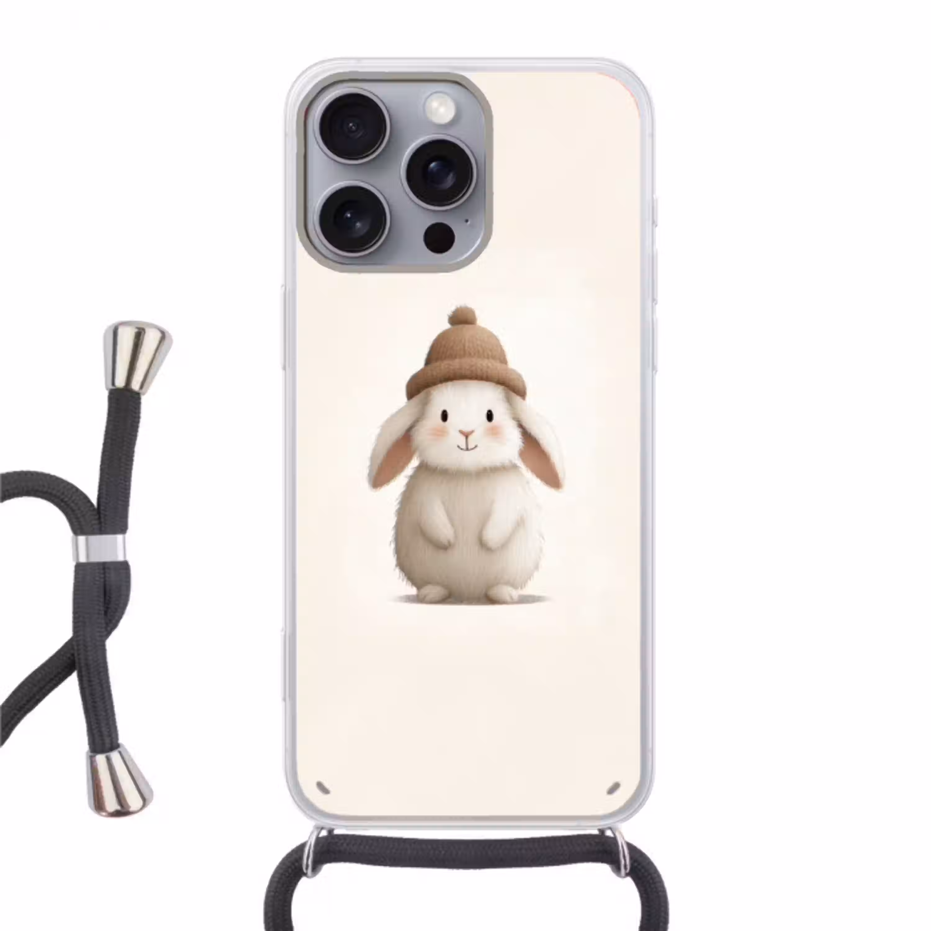 Konijn - Muts - Oren - Beige Hoesje iPhone 16 Pro Max met koord klein -3d