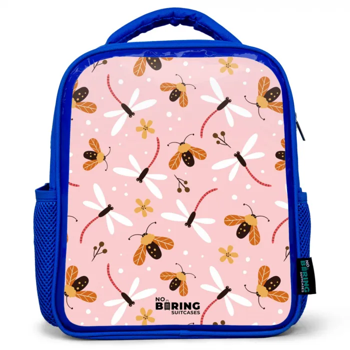 Lieveheersbeestjes en libellen op roze achtergrond Kinderrugzak - Blauw middel -3d
