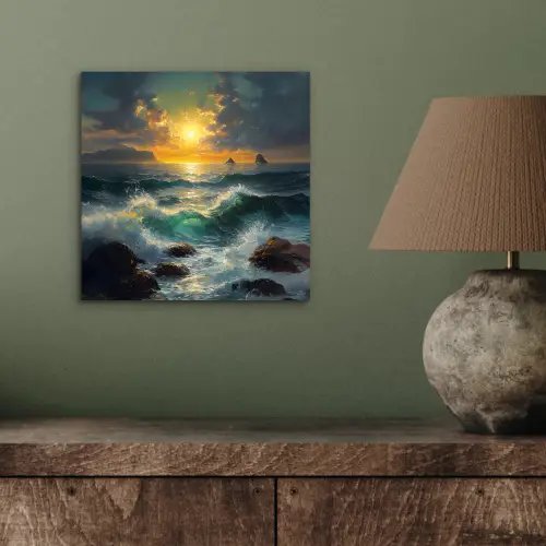 Zee - Zon - Golven - Rotsen aluminium wit klein -sfeer2