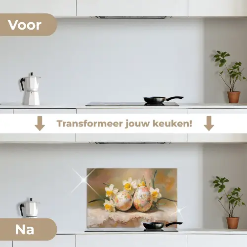 Bloemen - Eieren - Geschilderd keuken achterwand spatscherm klein -voor_na_NL