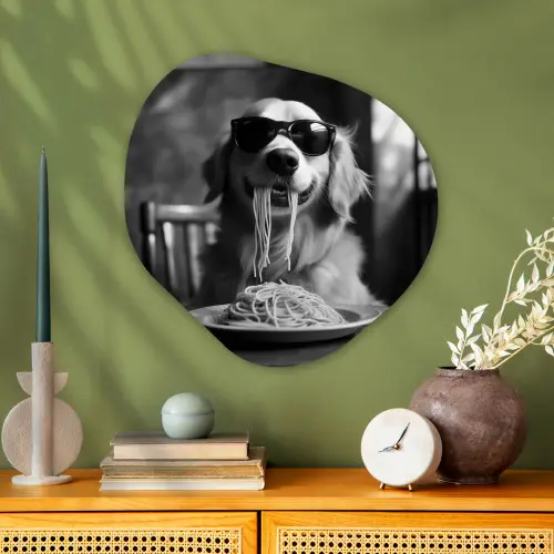 Golden Retriever - Hond - Vrolijk -  Bord spaghetti - Zwart - wit Wandcirkel Organisch Aluminium middel -sfeer2