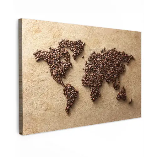 Wereldkaart - Zandkleur - Koffiebonen Tuinposter op houten frame 2 cm dik klein -3d