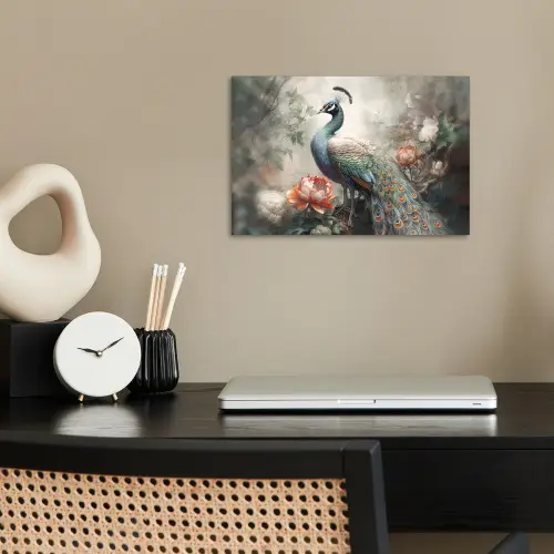 Pauw - Pauwenveren - Vogel - Jungle - Bloemen poster papier klein -sfeer1
