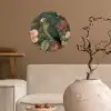 Groene papegaai - Kleurrijke bloemen - Donkere achtergrond Wandcirkel behangsticker klein -sfeer1