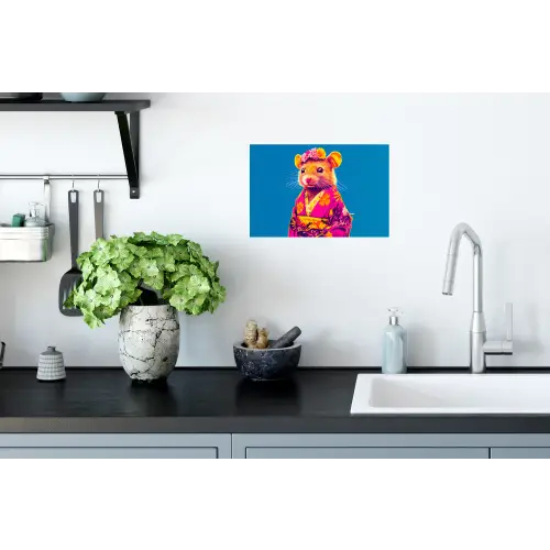Muis - Kimono - Bloemen - Blauw Muursticker klein -keuken